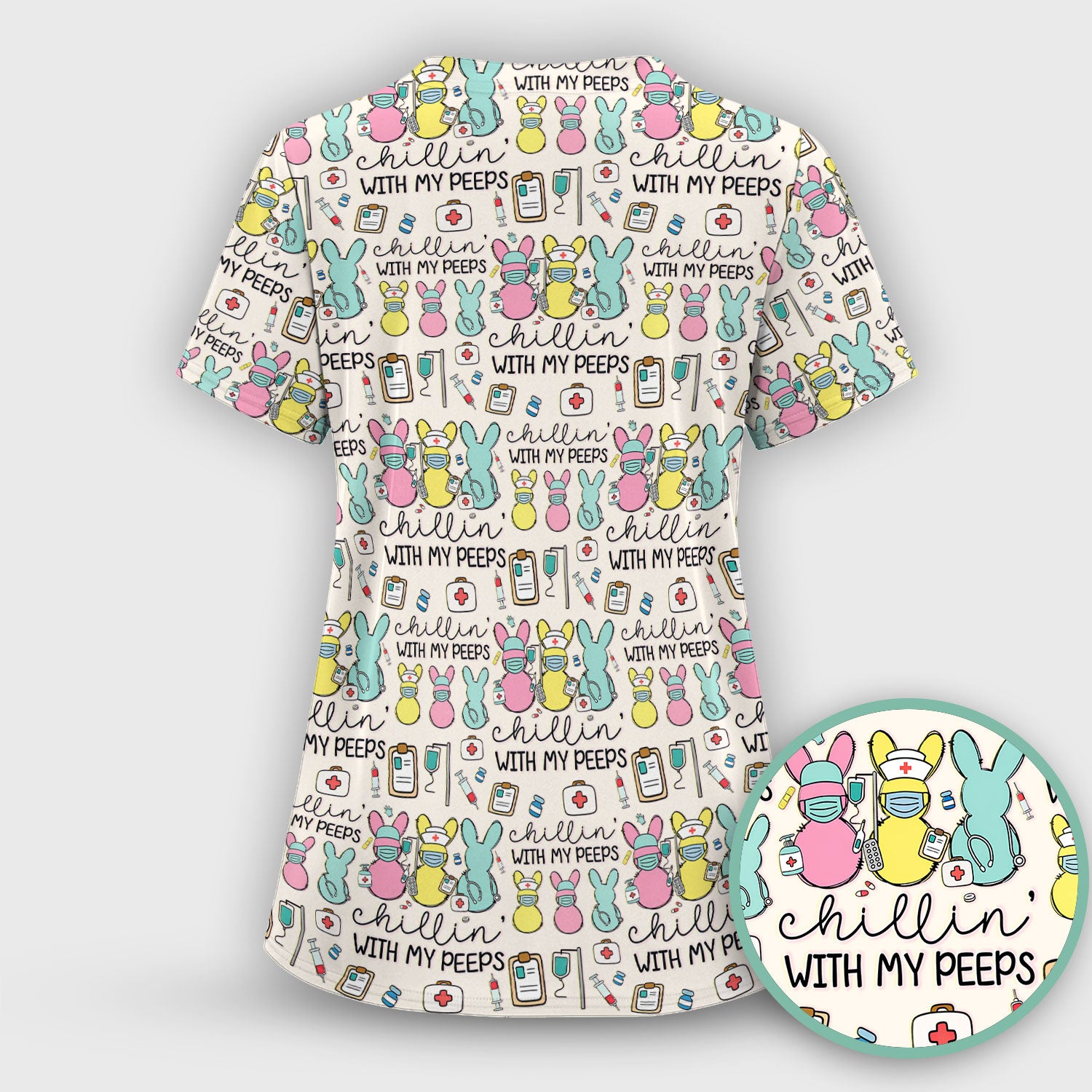 Cute Bunny Nurse Chillin With My Peeps Scrub Top, Comfortable Scrubs for Nurses, Easter
