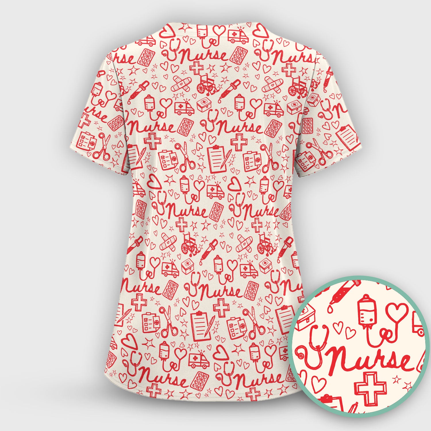 Cute Nurse Heart Medical Pattern Scrub Set, Breathable Med Uniform