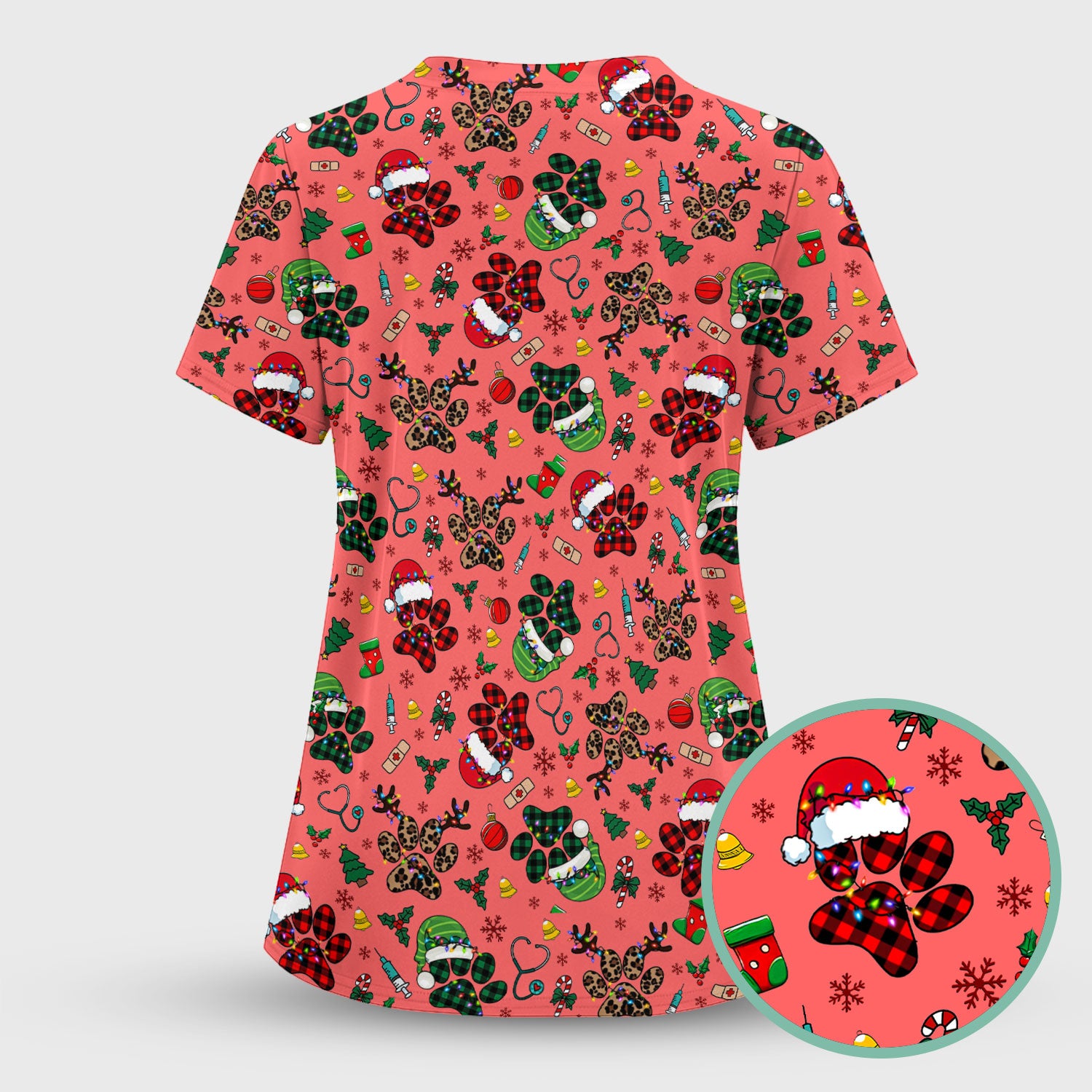 Christmas Paw Print Scrub Top for Nurses - Cute Leopard Holiday Pattern - Funny Festive Medical Uniform Gift
