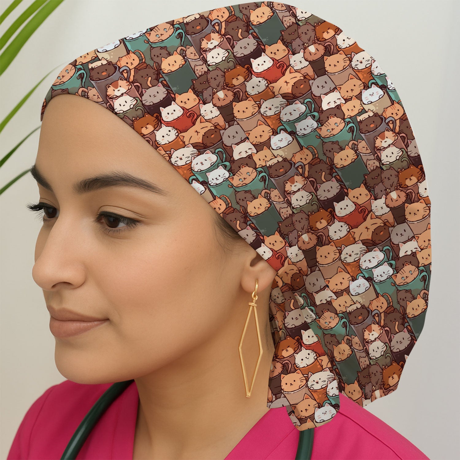 Cute Coffee Cat Scrub Cap, Cozy Kittens in Mug Pattern Nurse Hat, Breathable Fabrics Nursing Uniform