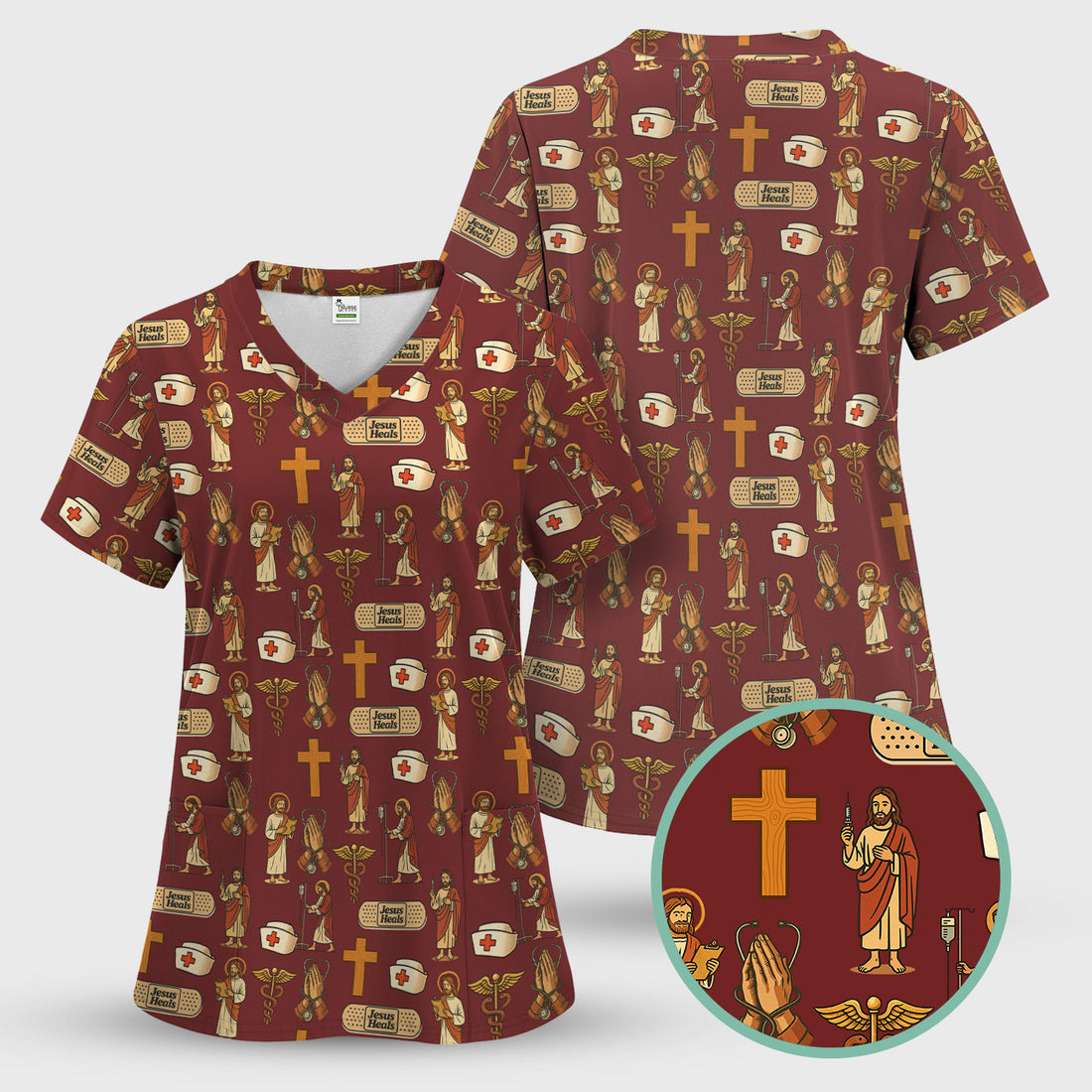 Christian Nurse Faith Scrub Top - Jesus Heals Quote & Religious Medical Pattern - Multiple Color Options Gift for RN LPN CNA