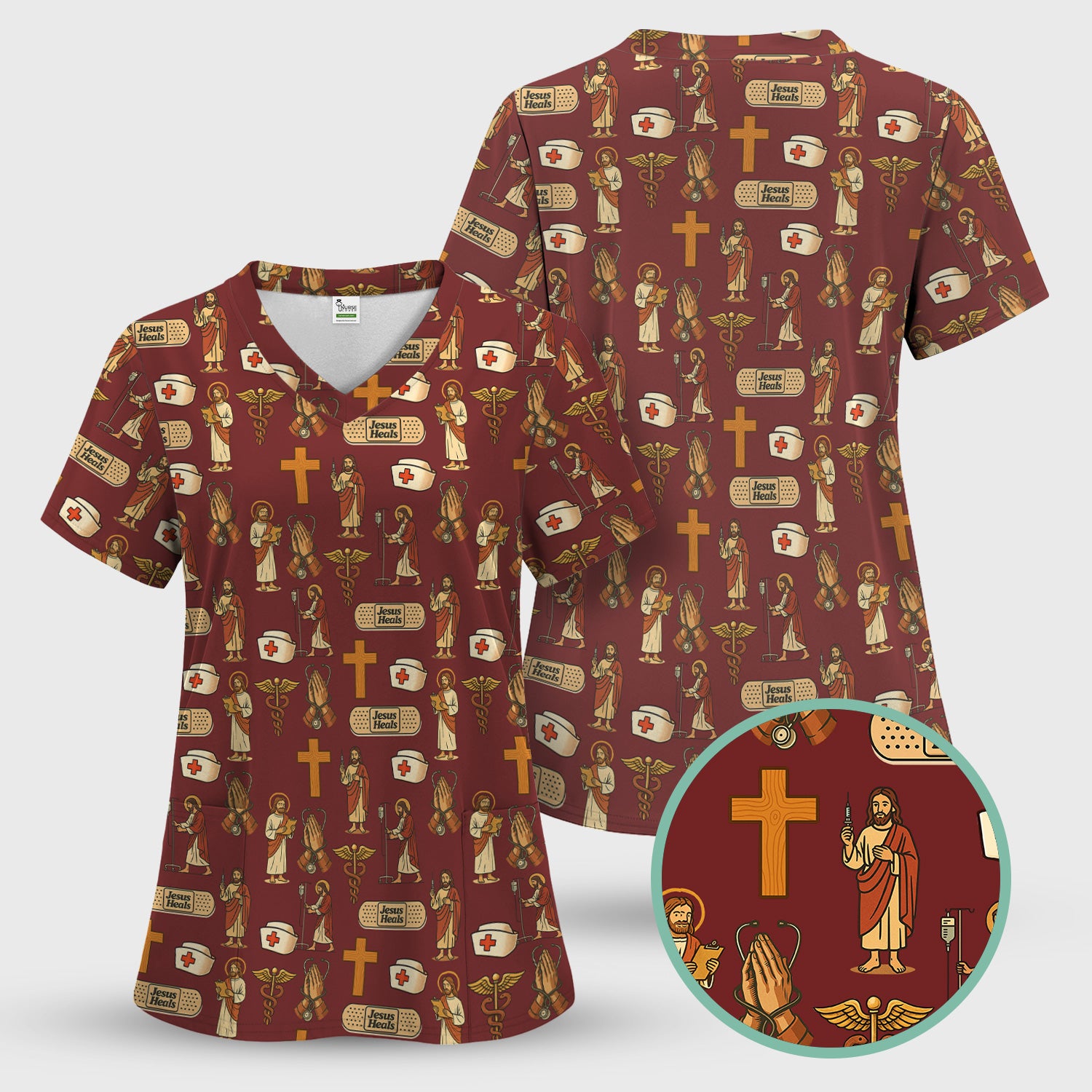 Christian Nurse Faith Scrub Top - Jesus Heals Quote & Religious Medical Pattern - Multiple Color Options Gift for RN LPN CNA