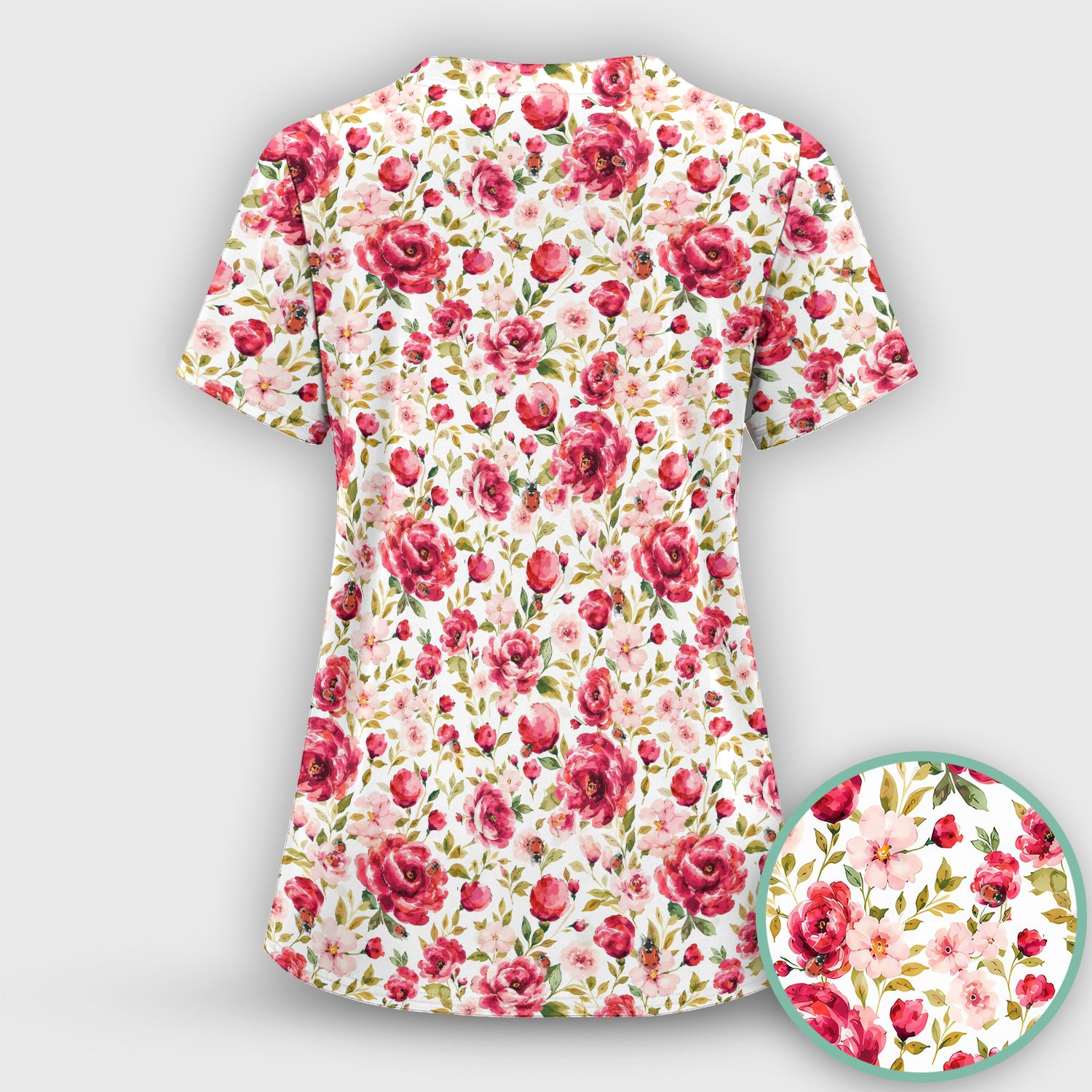 Pink Rose Ladybug Garden Pattern Scrub Top, Comfortable Scrubs for Nurses