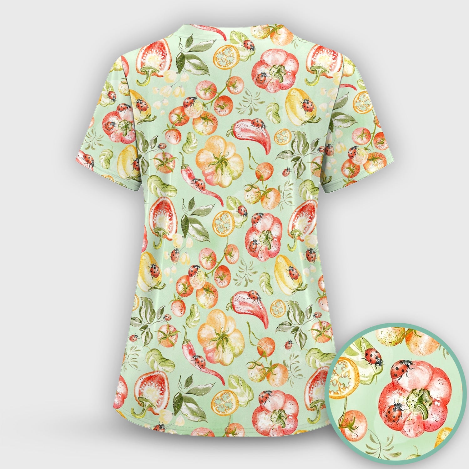 Cute Watercolor Veggie Ladybug Pattern Scrub Top, Comfortable Scrubs for Nurses