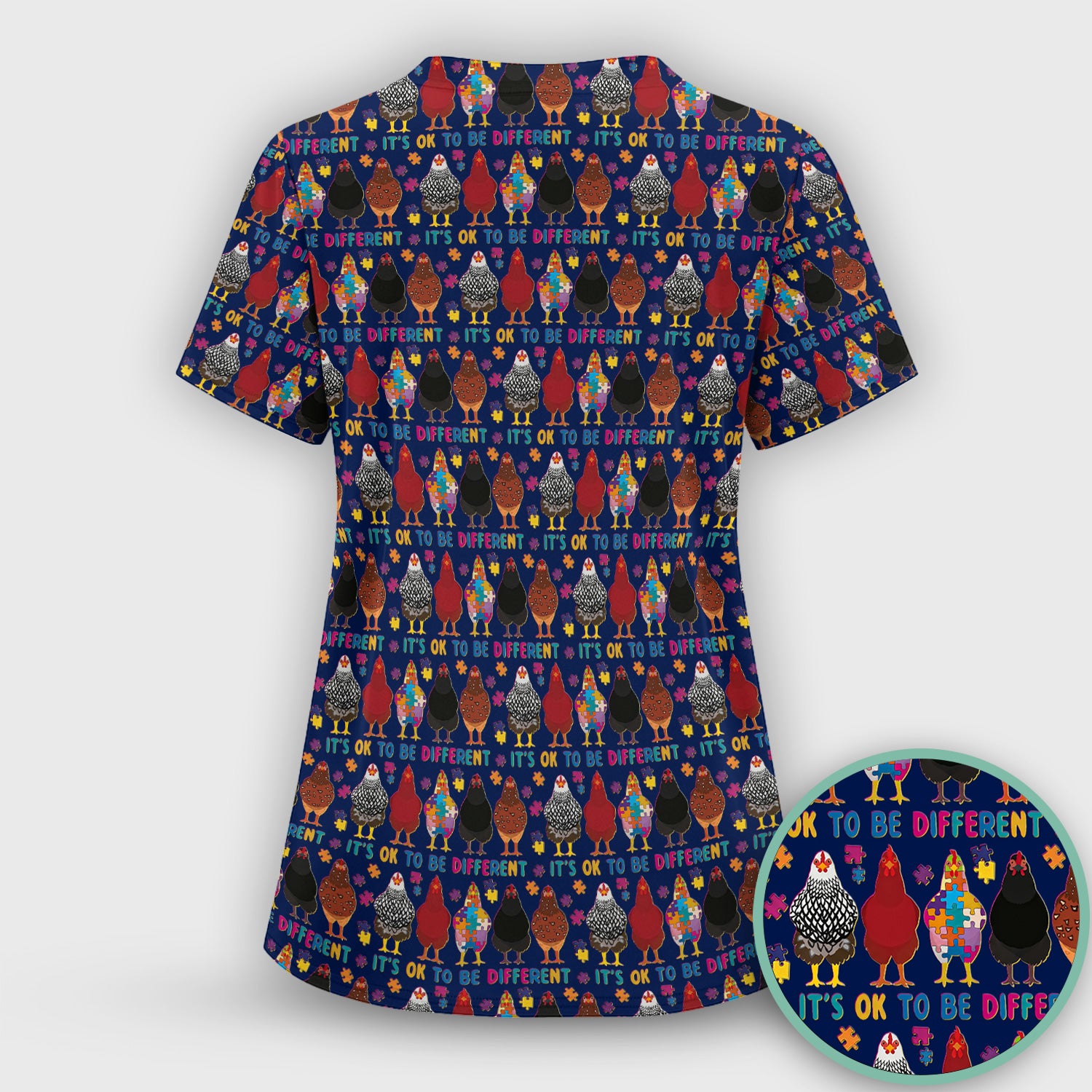 Autism Chicken It’s OK to Be Different Print Scrub Top, Comfortable Scrubs for Nurses