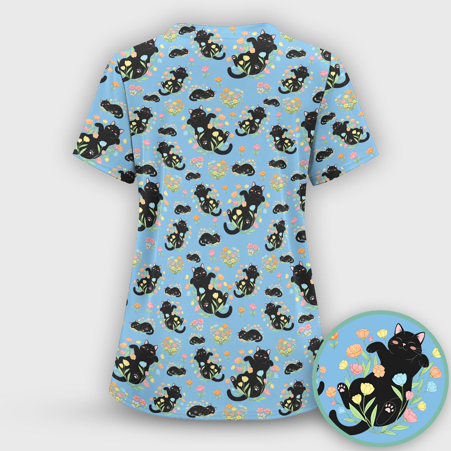 Cats With Cute Poses Floral Pattern Scrubs Top, Comfortable Scrubs for Nurses