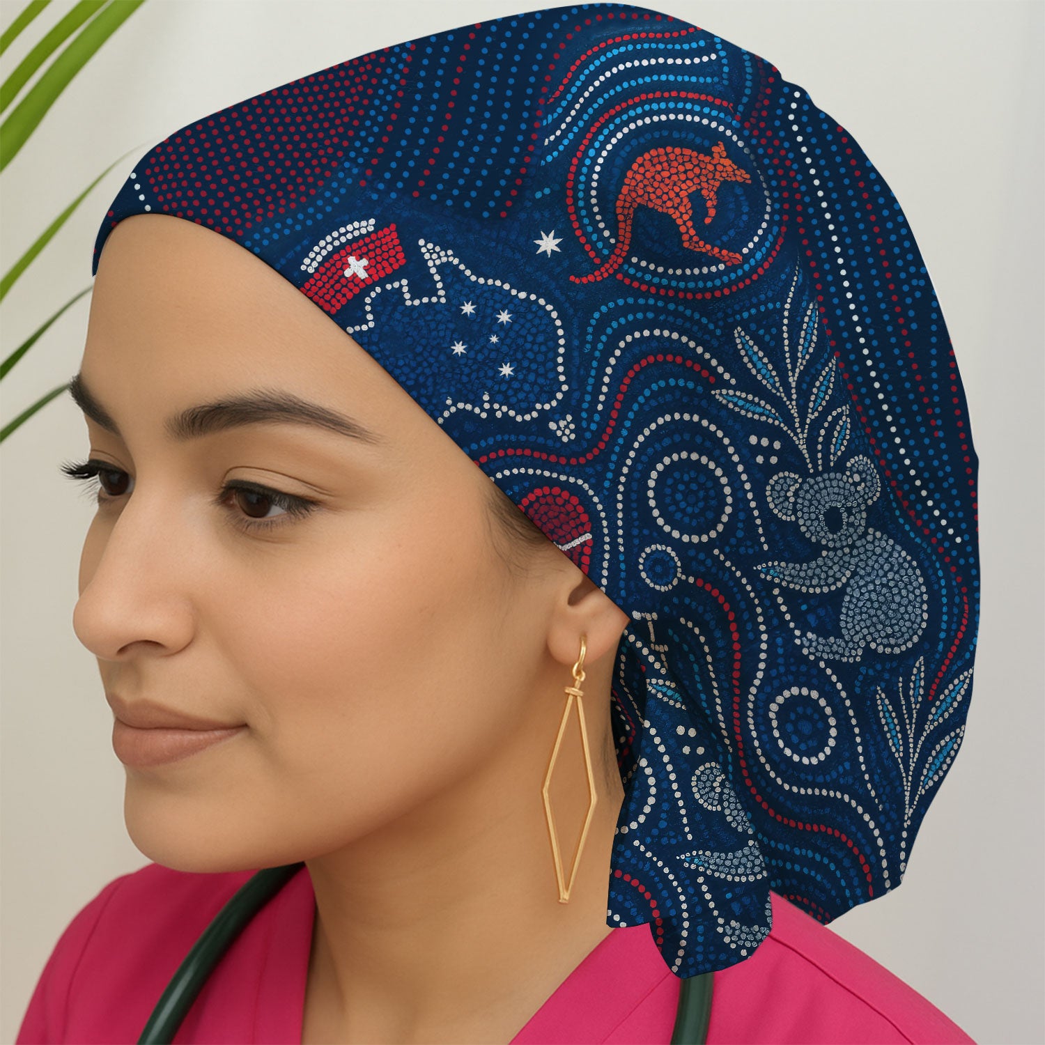 Aboriginal Dot Art Nurse Scrub Cap, Australian Kangaroo With Koala Pattern Hat,  Breathable Fabrics Nursing Uniform