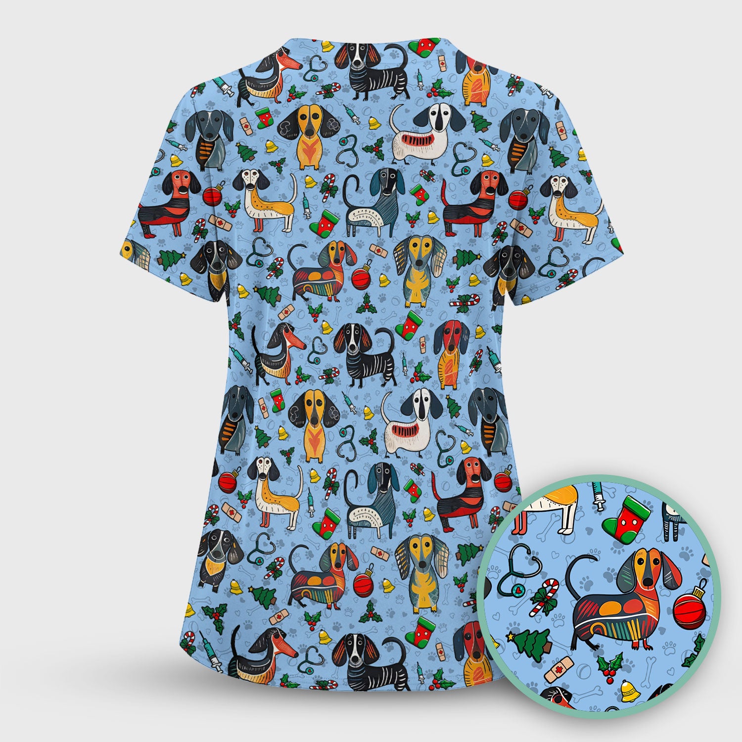 Christmas Wiener Dog Scrub Top - Funny Sausage Dog Nurse Shirt for Women - Holiday Medical Uniform