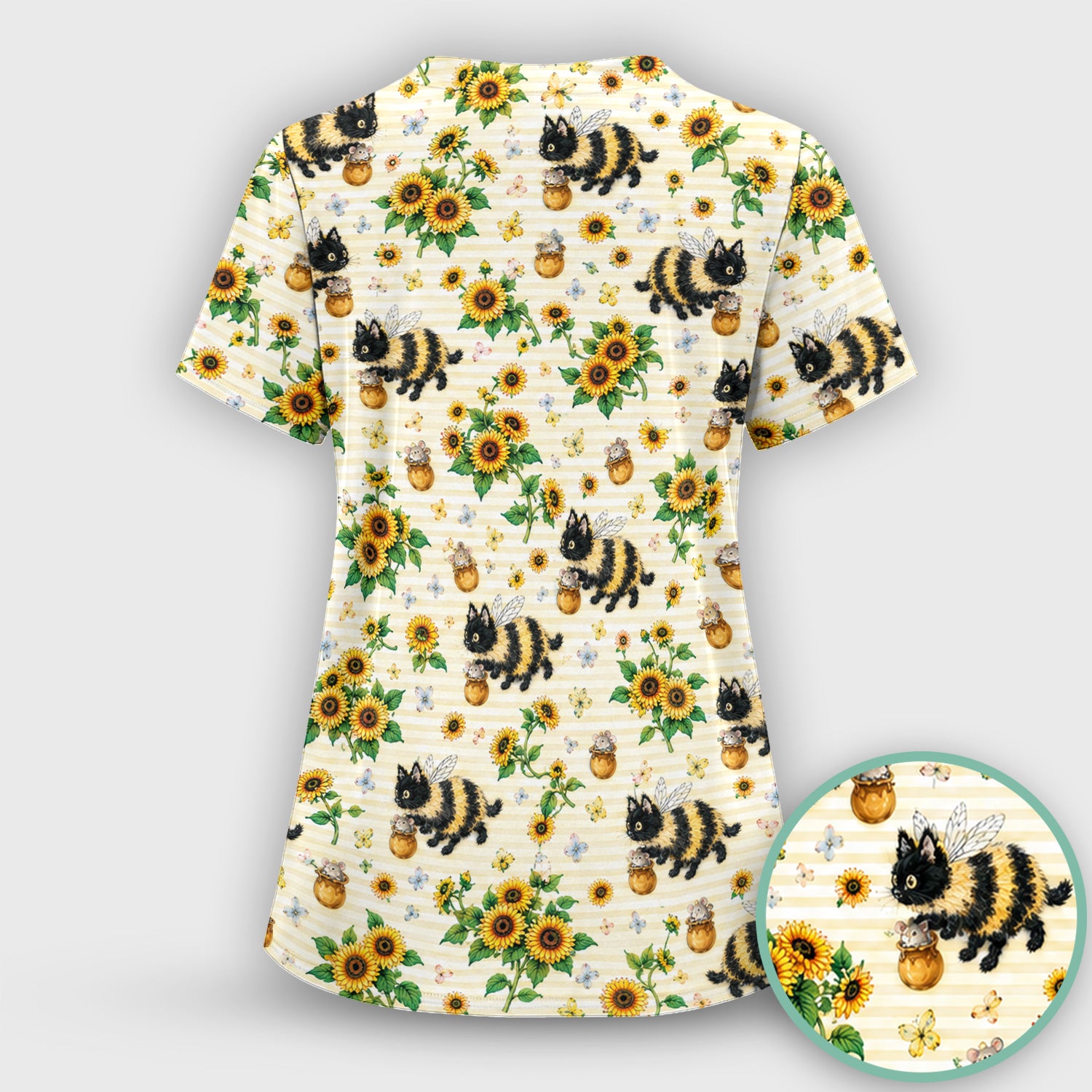Cute Bumblebee Cat Sunflower Pattern Scrub Set, Scrub Pants and V Neck Top