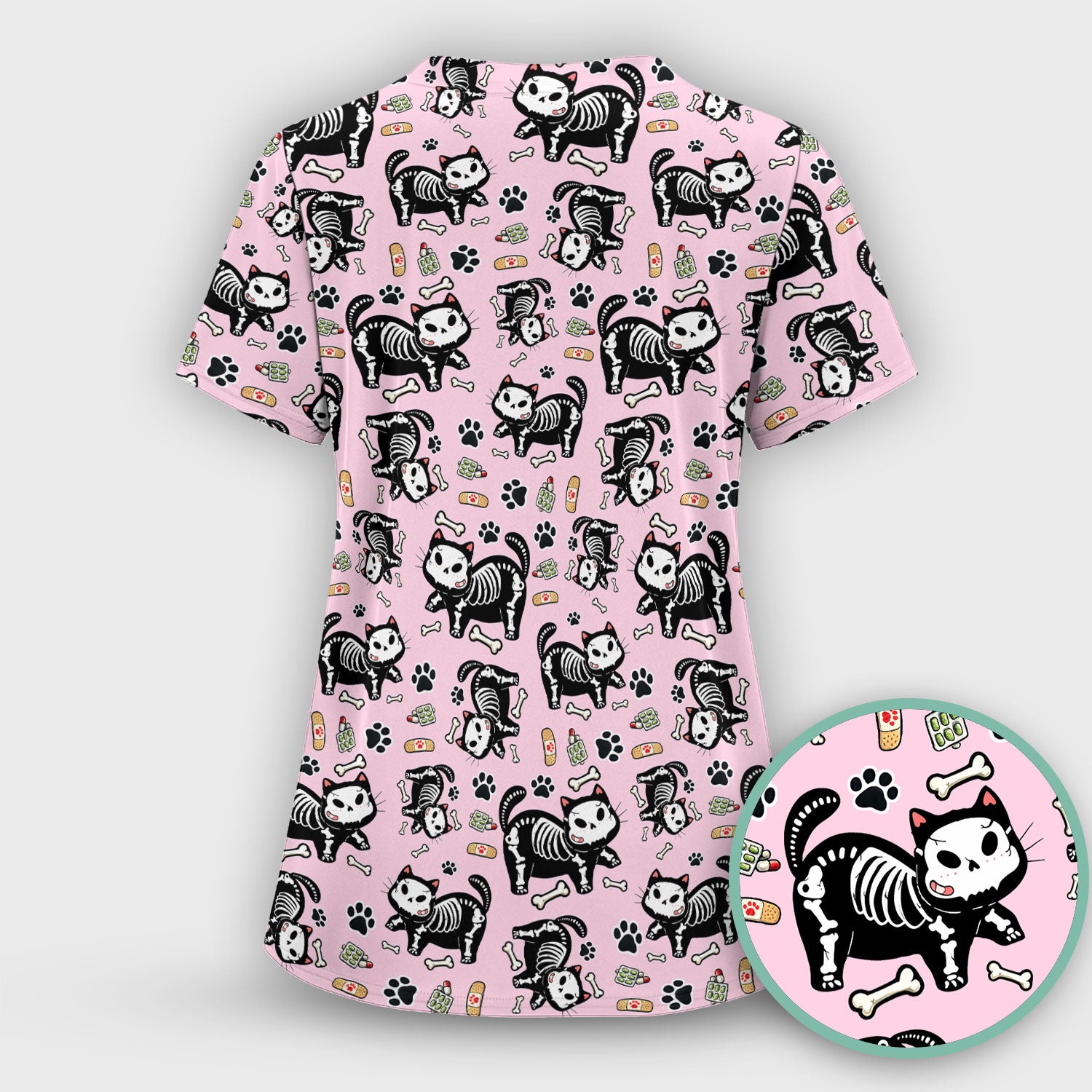 Skeleton Cat Medical Pattern Scrub Top, Comfortable Scrubs for Nurses