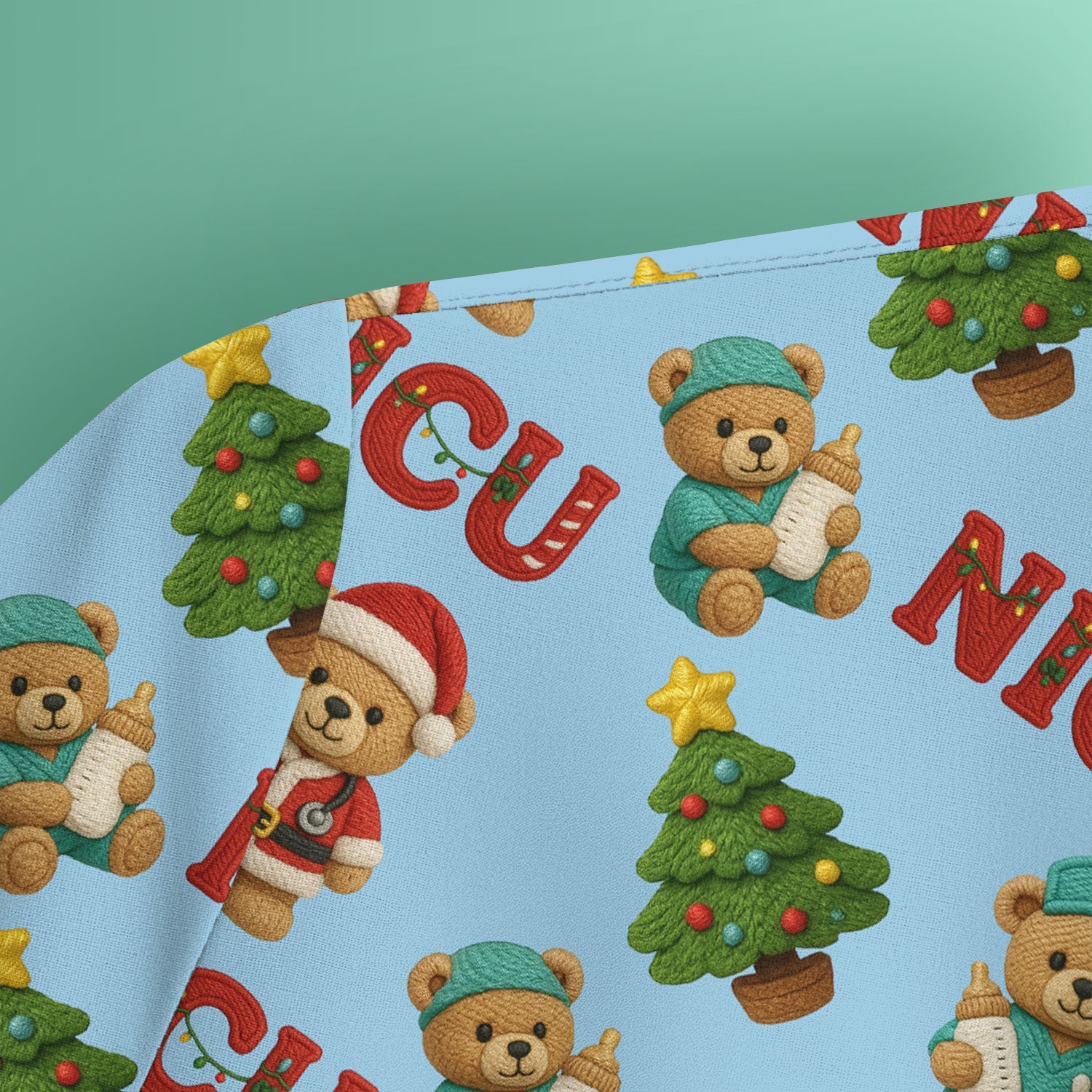 Festive Christmas NICU Nurse Teddy Bear Pattern, Breathable Fabrics Nursing Uniform