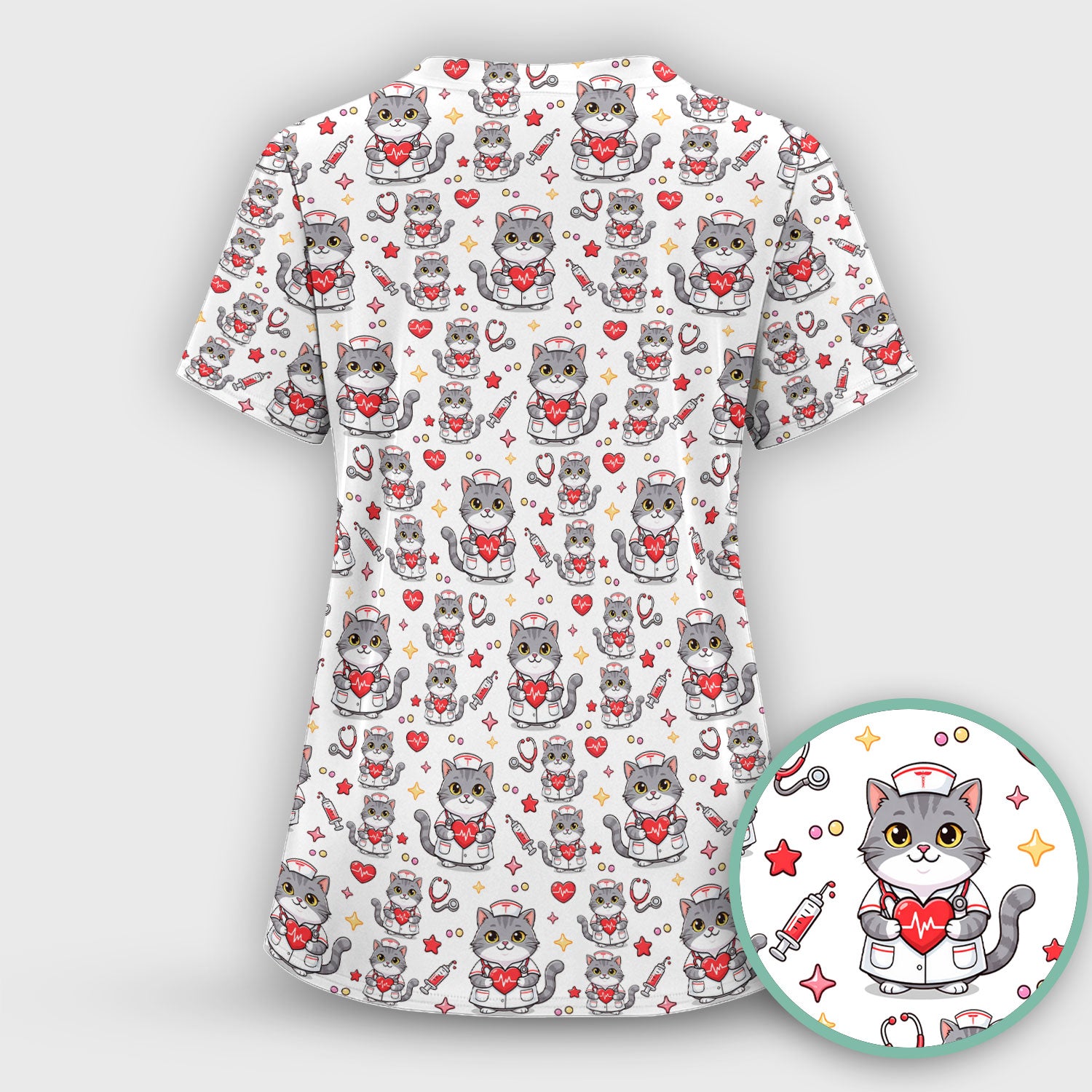 Cute Nurse Cat Heart Medical Print Scrub Top, Comfortable Scrubs for Nurses