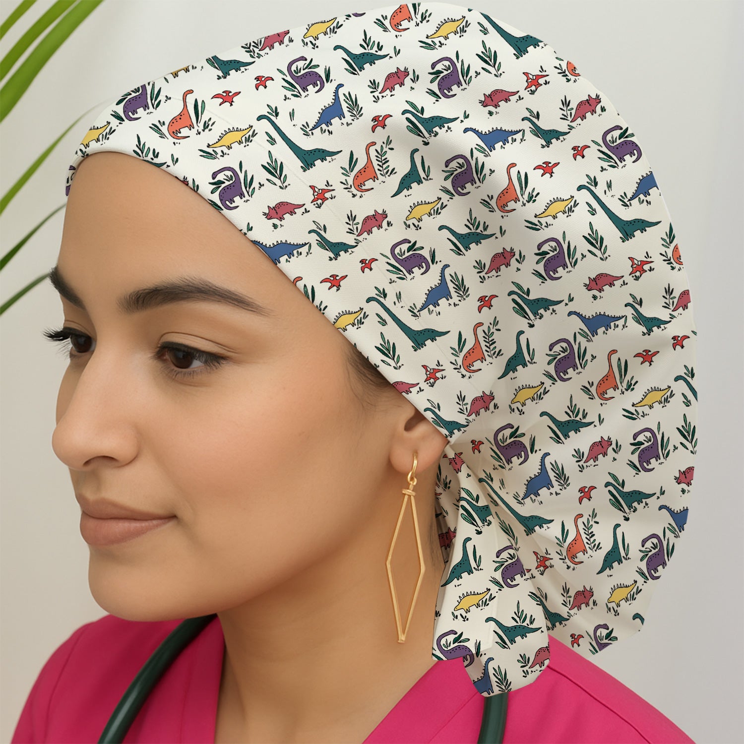 Cute Dinosaur Leafy Garden Pattern Scrub Cap, Surgical Caps for Doctors