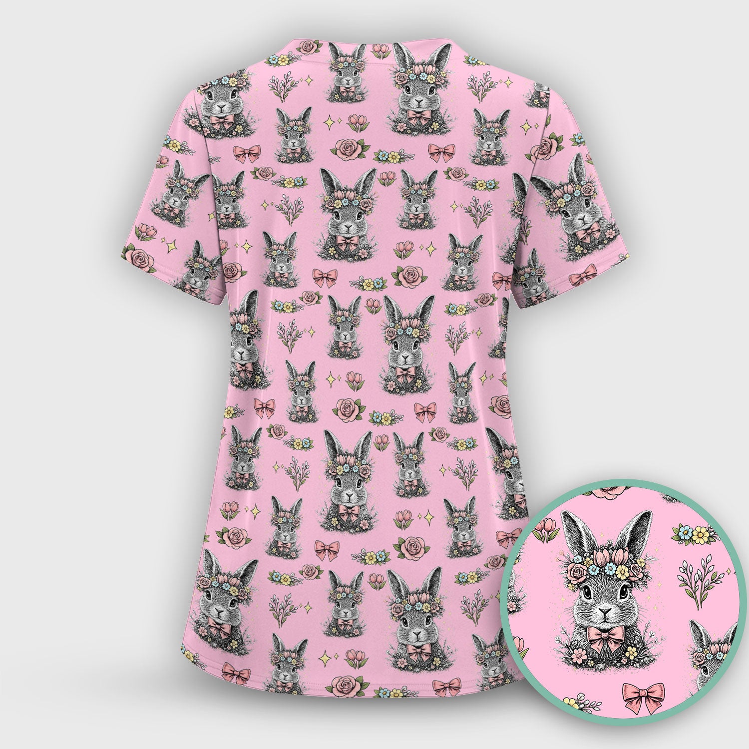 Vintage Floral Bunny Print Scrub Set, Scrub Pants and V Neck Top