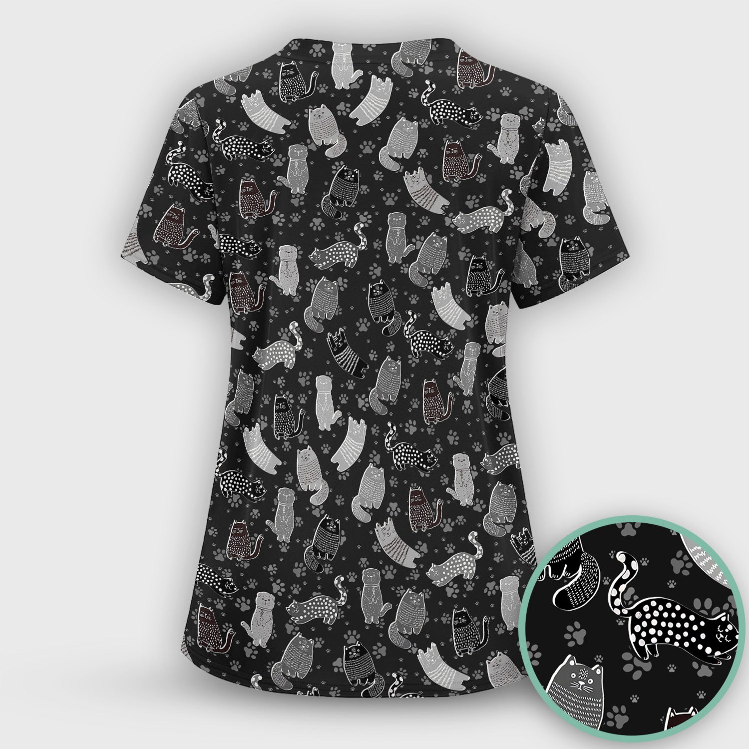 Cute Cat and Paw Print Pattern Scrub Top, Breathable Fabrics Nursing Uniform