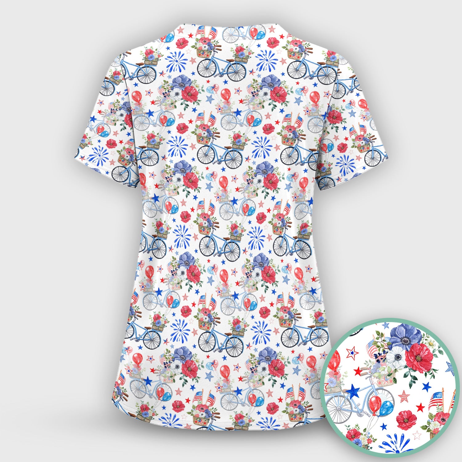 Patriotic Bicycle Floral Fireworks Print Scrub Set, Scrub Pants and V Neck Top