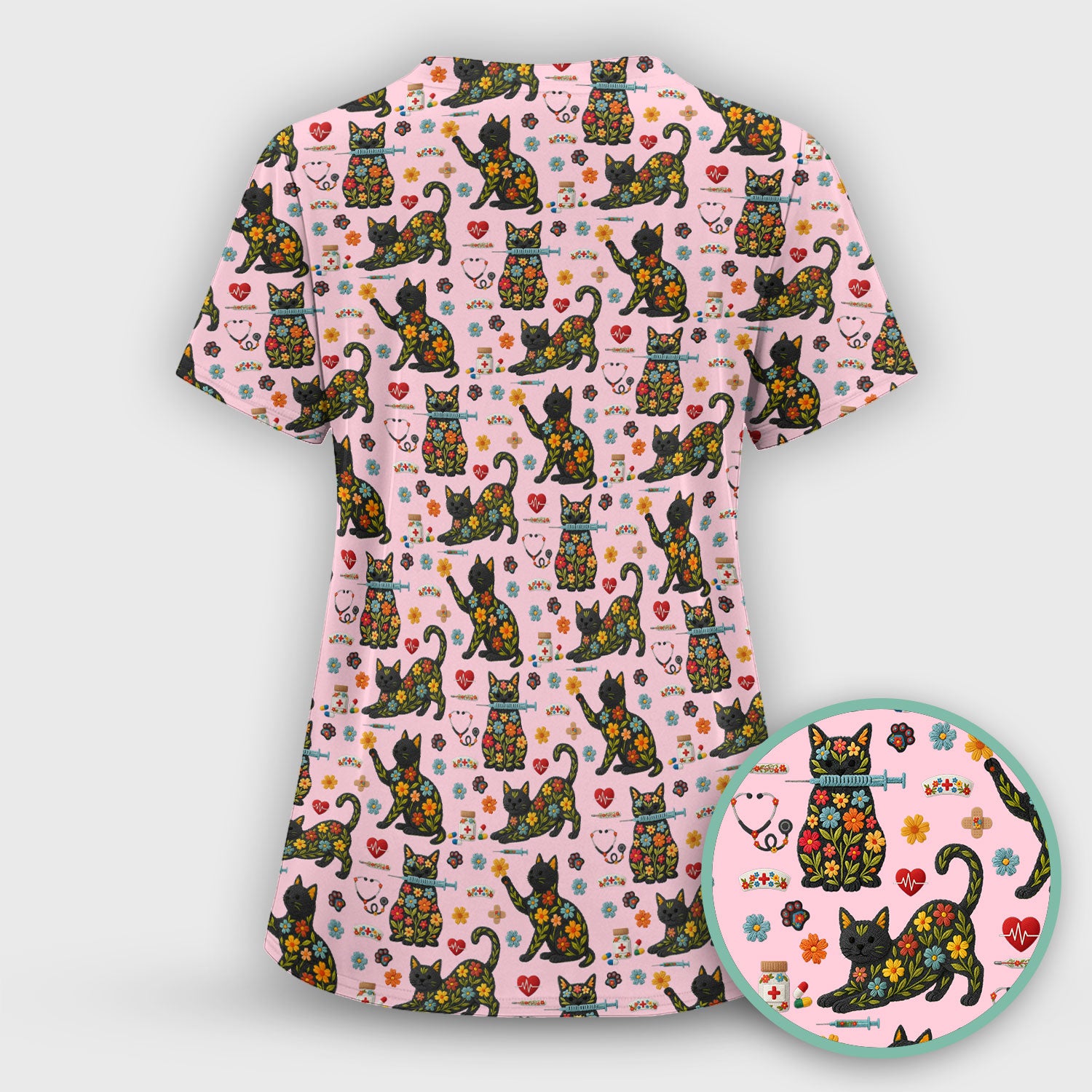 Floral Black Cat Pattern Scrub Top, Cute Cat Nurse Scrub Shirt, Medical Nursing Uniform