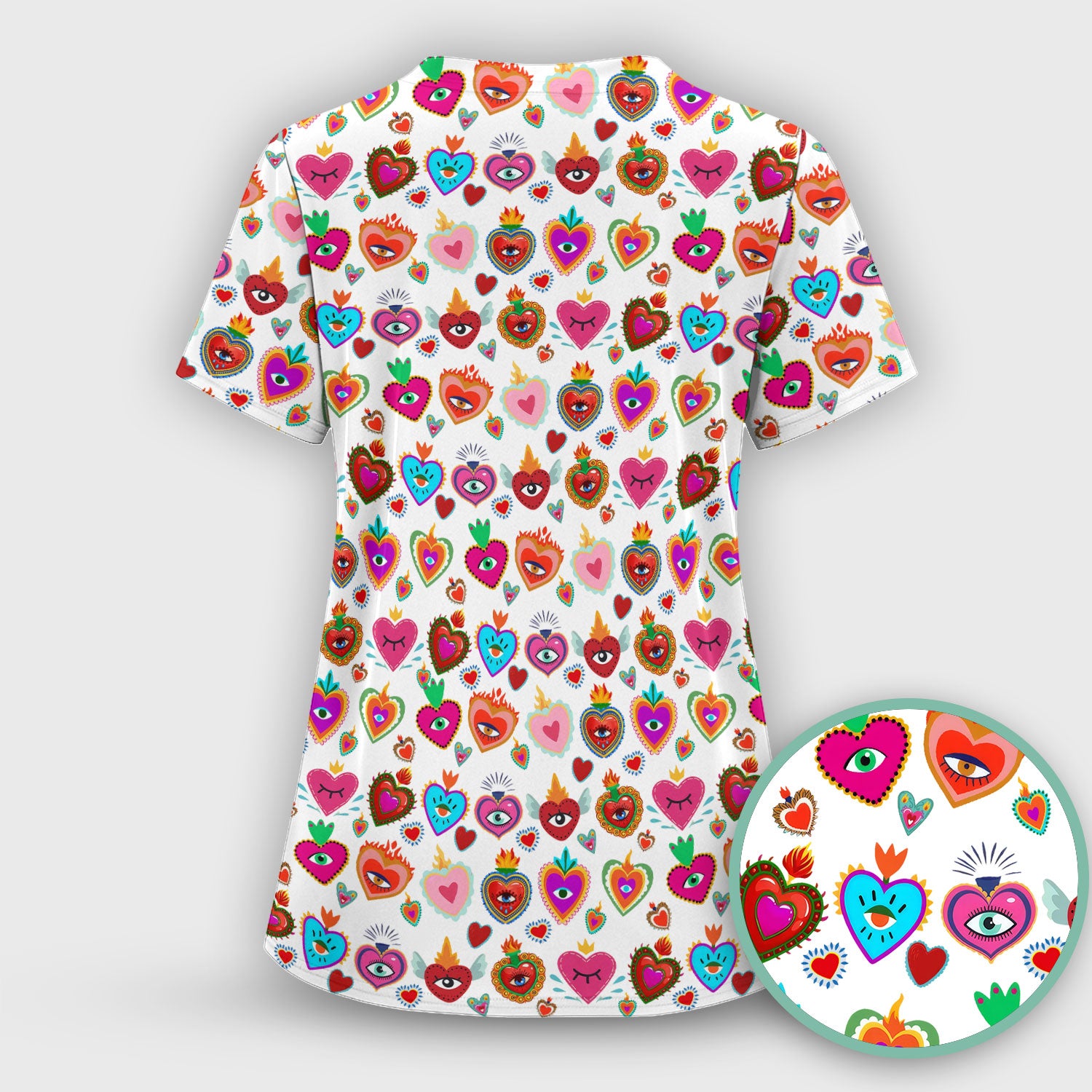 Valentine Colorful Sacred Heart Print Medical Scrub Top, Comfortable Scrubs for Nurses