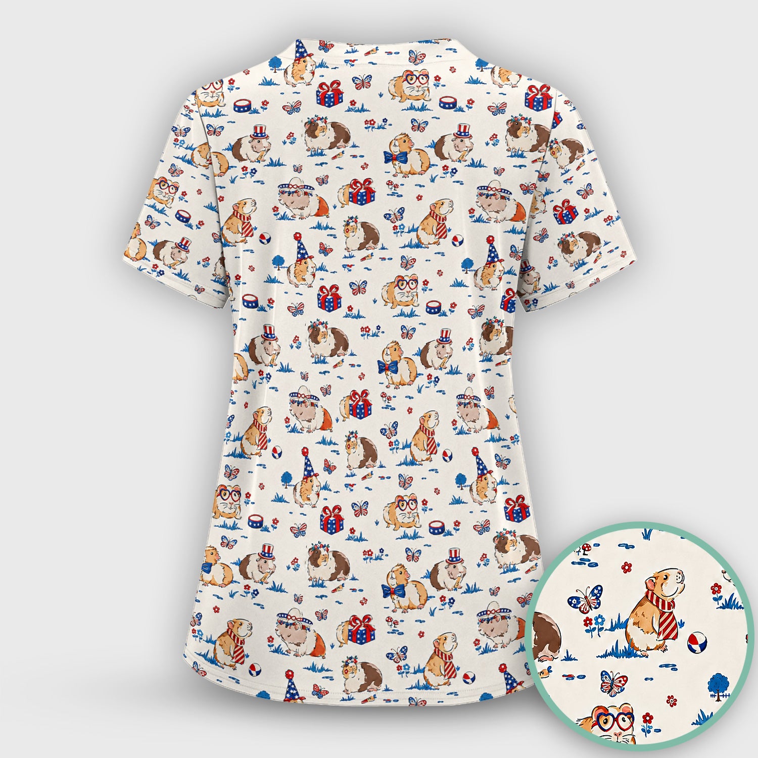 Patriotic Guinea Pig Celebration Pattern Scrub Set, Scrub Pants and V Neck Top