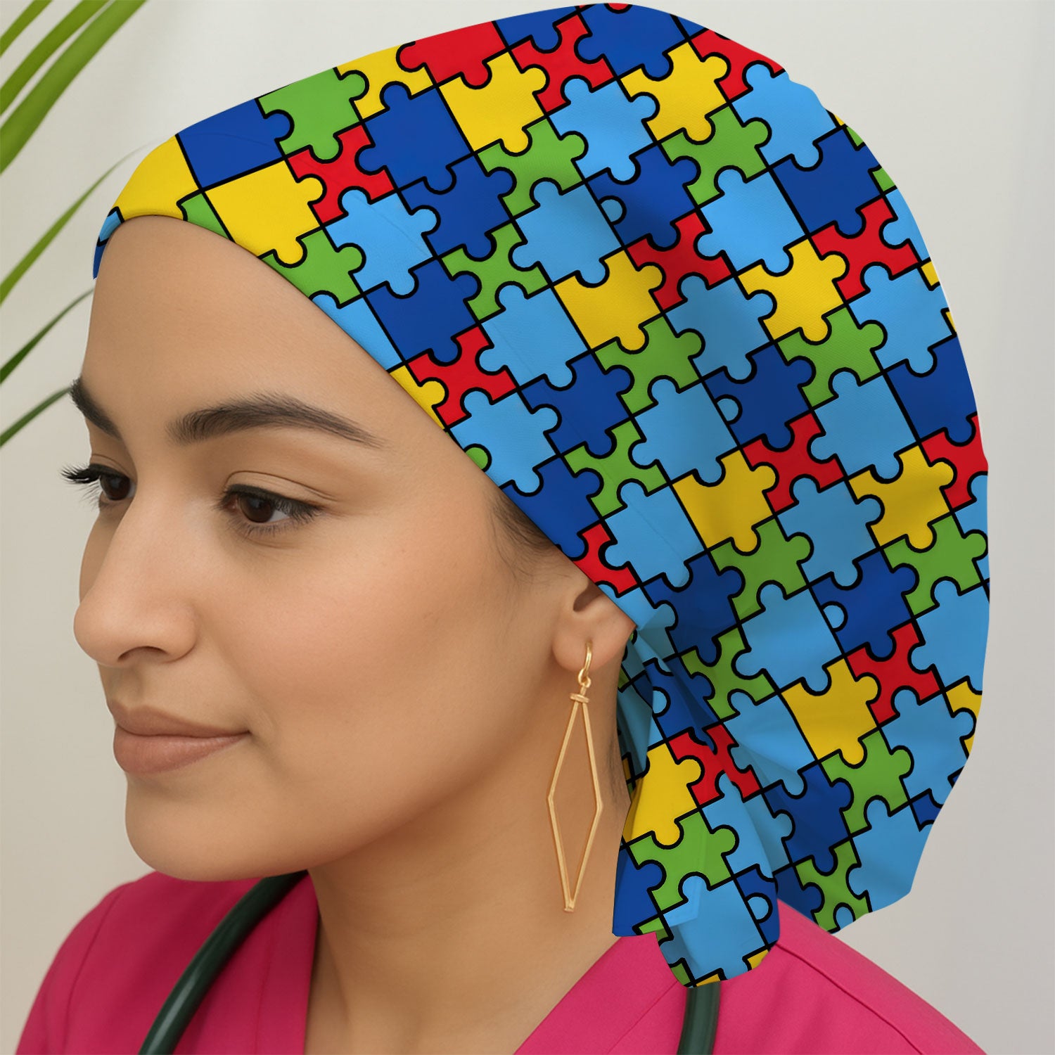 Autism Support Squad Puzzle Ribbon Print Caps, Bouffant Scrub Caps for Women