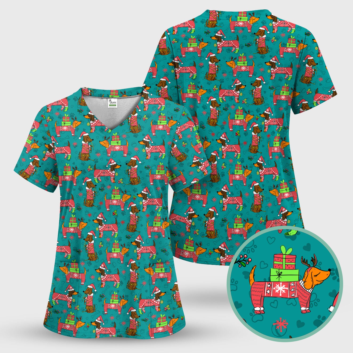 Christmas Wiener Dog Nurse Scrub Shirt - Cute Dachshund in Santa Hat - Funny Holiday Medical Uniform RN LPN CNA Gift for Women