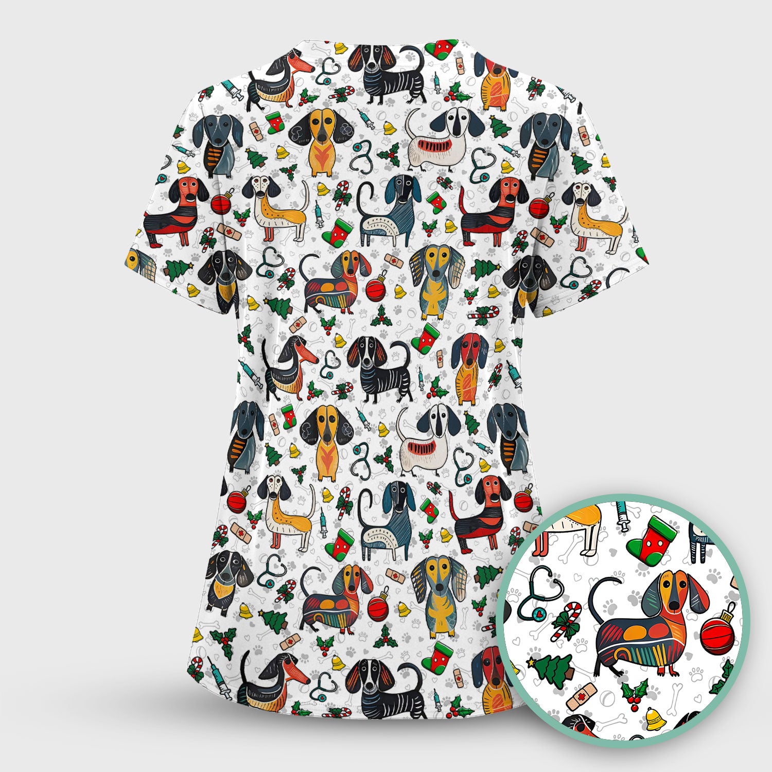 Dachshund Christmas Scrub Top - Cute Wiener Dog Nurse Uniform for Women - Holiday Medical Shirt