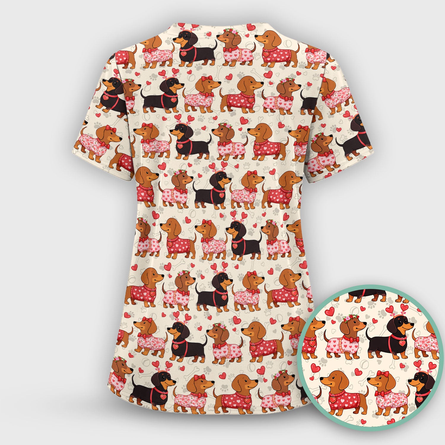 Valentine Dachshund Scrub Top, Wiener Dog Love Pattern Nurse Shirt, Breathable Fabrics Nursing Uniform