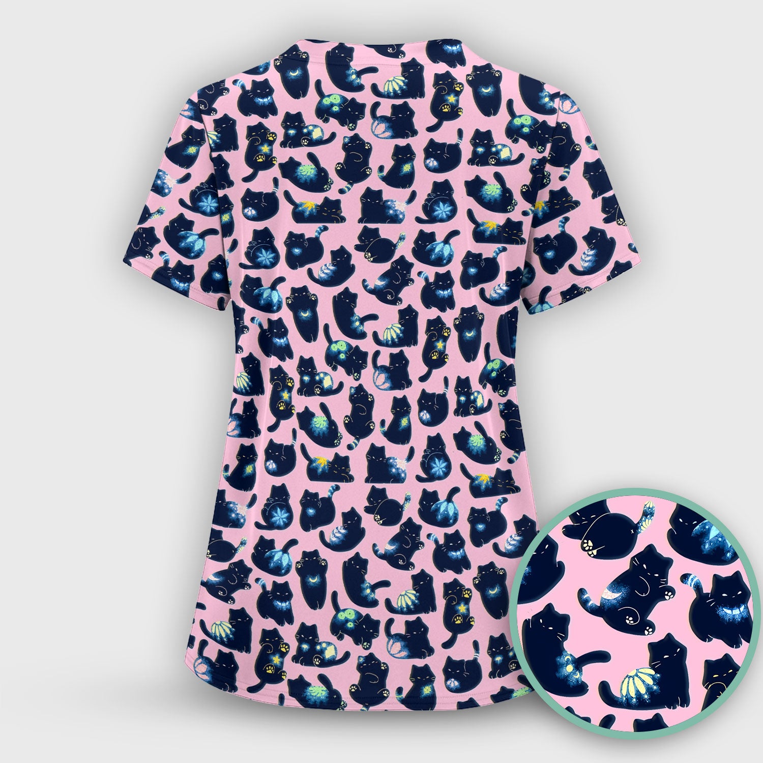 Midnight Cat Scrub Top, Black Cat Pattern Nurse Shirt, Breathable Fabrics Nursing Uniform