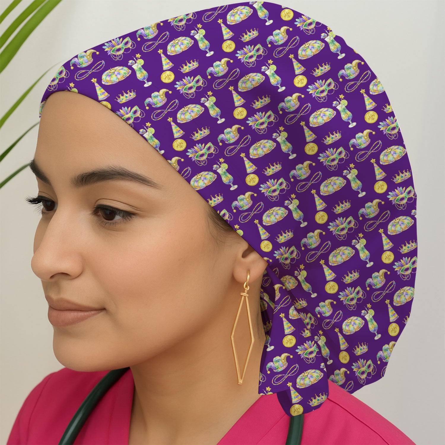 Mardi Gras Mask Scrub Cap, Elegant Carnival Pattern Nurse Hat For Women, Breathable Fabrics Nursing Uniform