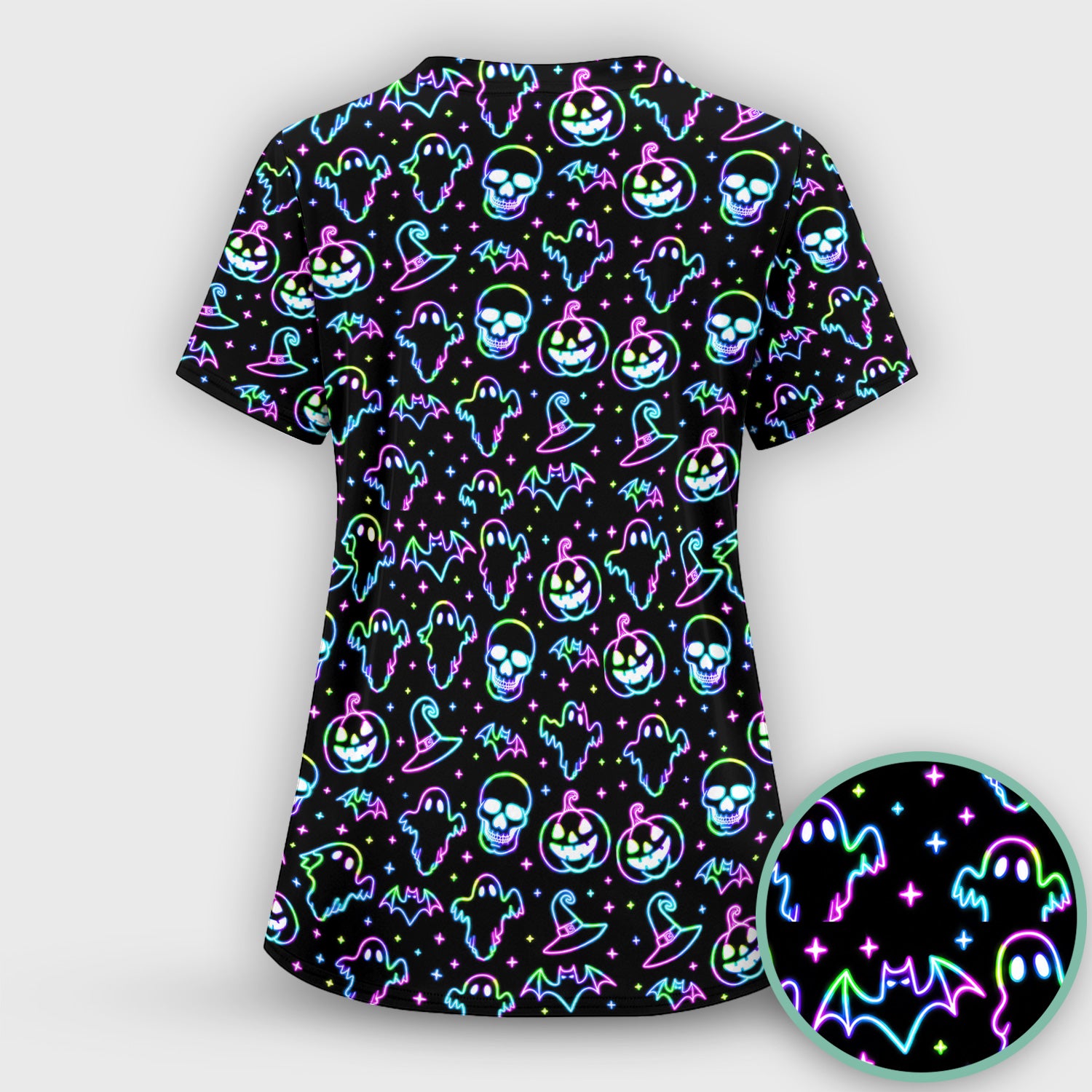 Pumpkin Skull Spooky Print Scrub Top, Comfortable Scrubs for Nurses