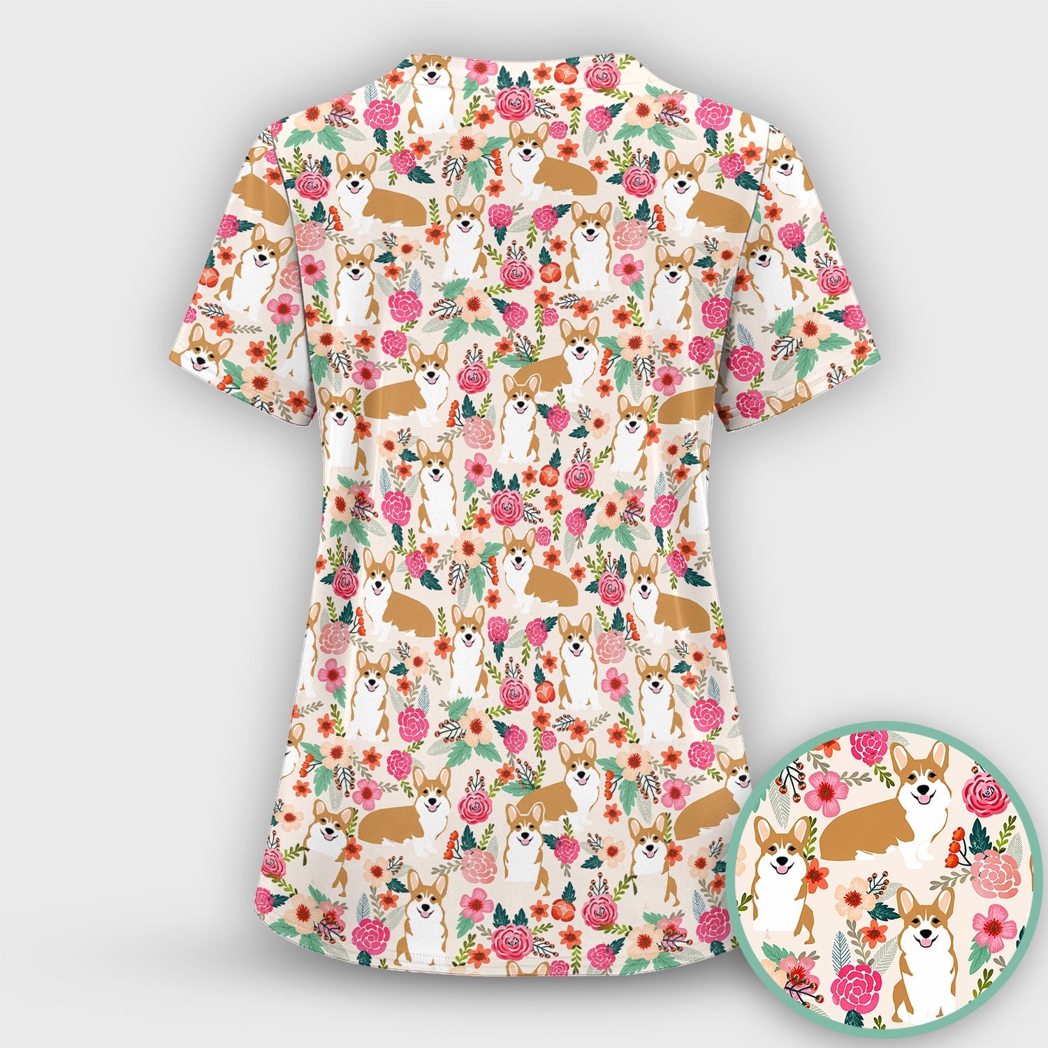 Cute Corgi Dog Floral Garden Pattern Nurse Scrub Set, Scrub Pants and V Neck Top