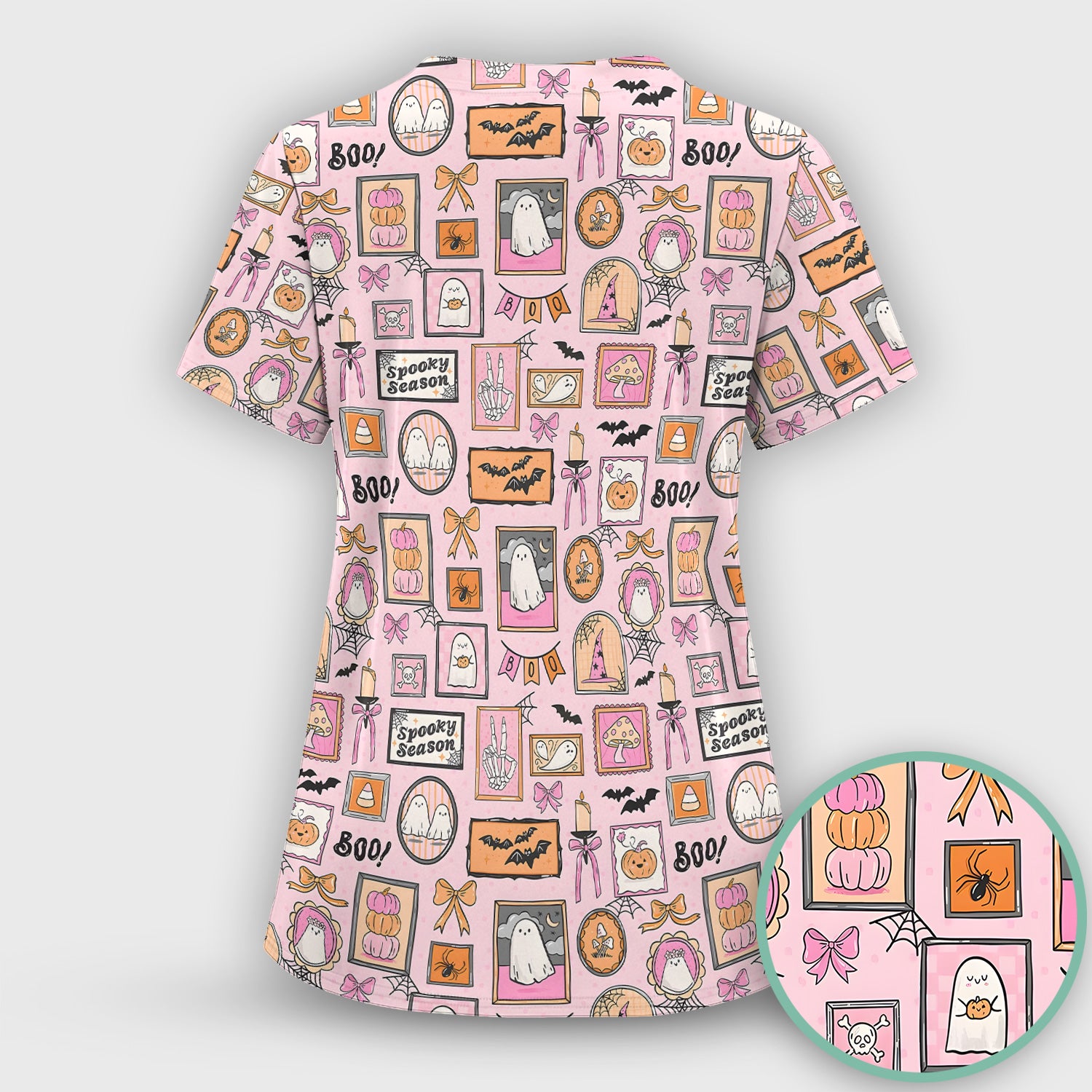 Pink Halloween Ghost Gallery Print Scrub Top, Comfortable Scrubs for Nurses
