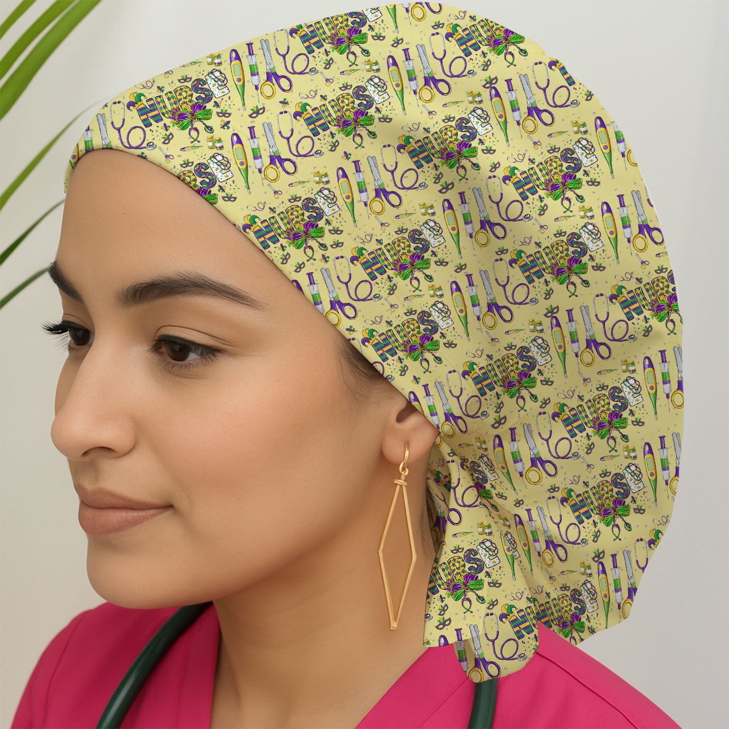 Mardi Gras Nurse Scrub Cap, Holiday Medical Pattern Nurse Hat, Breathable Fabrics Nursing Uniform