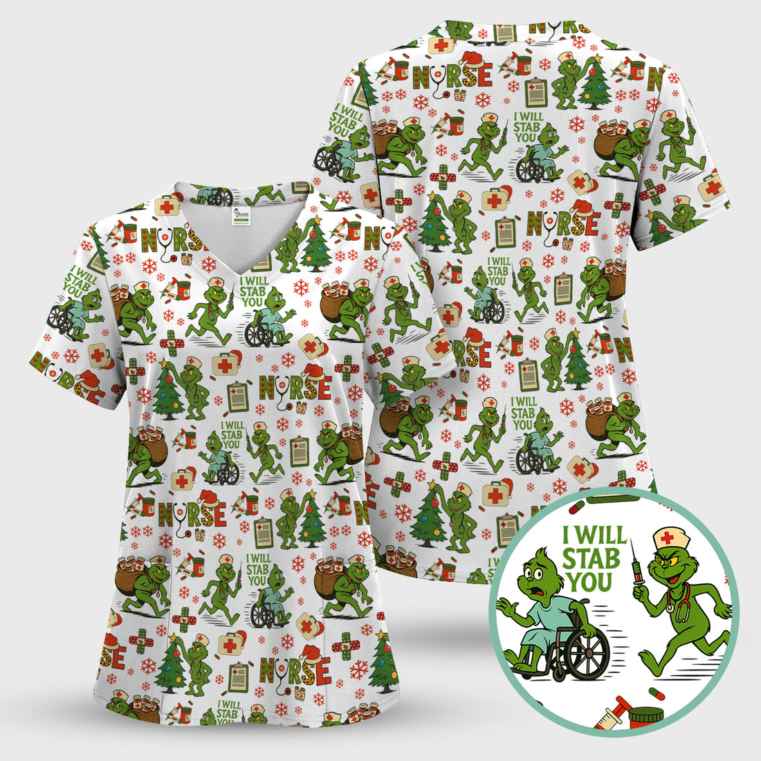 Christmas Nurse Scrub Shirt - Funny Grinch Scrub Top for Women Multi Color - Holiday Nursing Work Shirt with Pockets