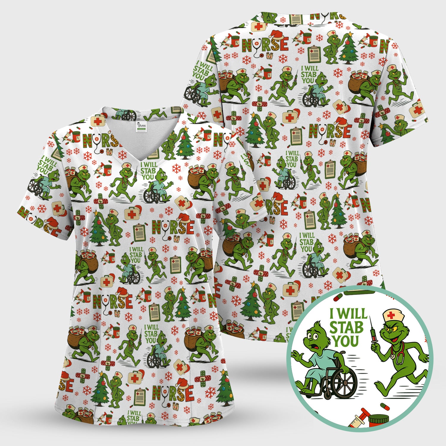 Christmas Nurse Scrub Shirt - Funny Grinch Scrub Top for Women Multi Color - Holiday Nursing Work Shirt with Pockets