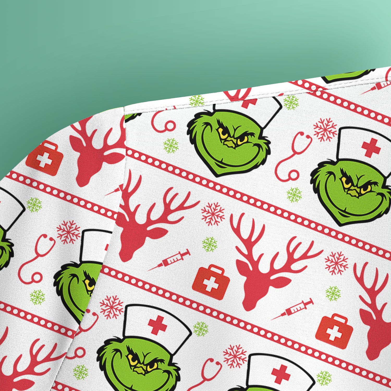 Funny Grinch Nurse Scrubs Top - Ugly Christmas Sweater Style Scrub Shirt - Holiday Nursing Workwear for Women
