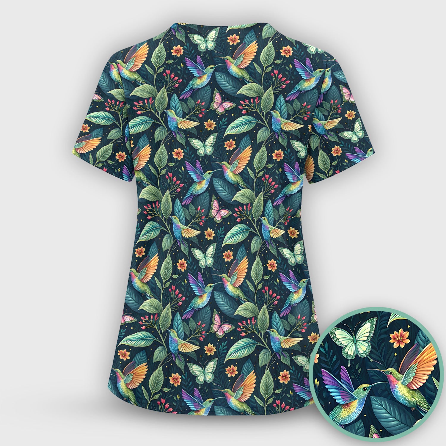 Vibrant Hummingbird Garden Nurse for RN, CNA, Botanical Medical Scrub Set, Scrub Pants and V Neck Top