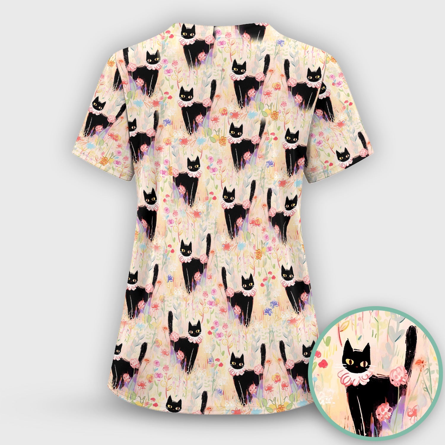 Black Cat Floral Garden Nurse Pattern Scrub Top, Breathable Medical Scrubs