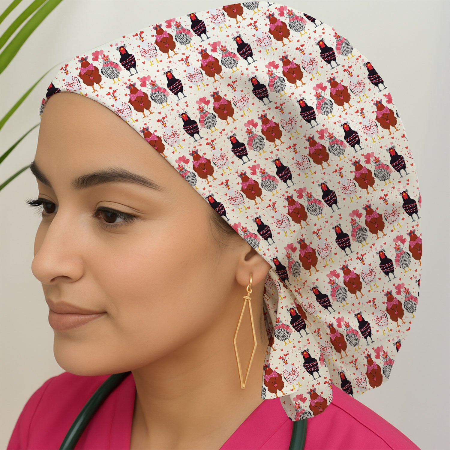 Funny Chicken Valentine Scrub Cap, Chicken Pattern Scrub Hat For Nursing, Valentine Gift For Nurse