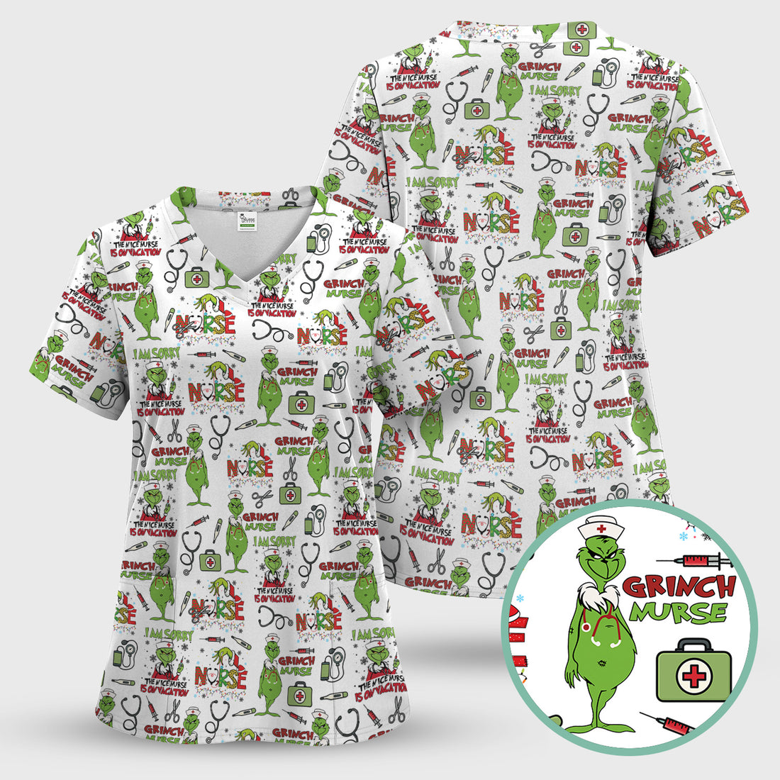 Grinch Nurse Scrub Top - Christmas Medical Uniform - Holiday Healthcare RN LPN CNA Gift