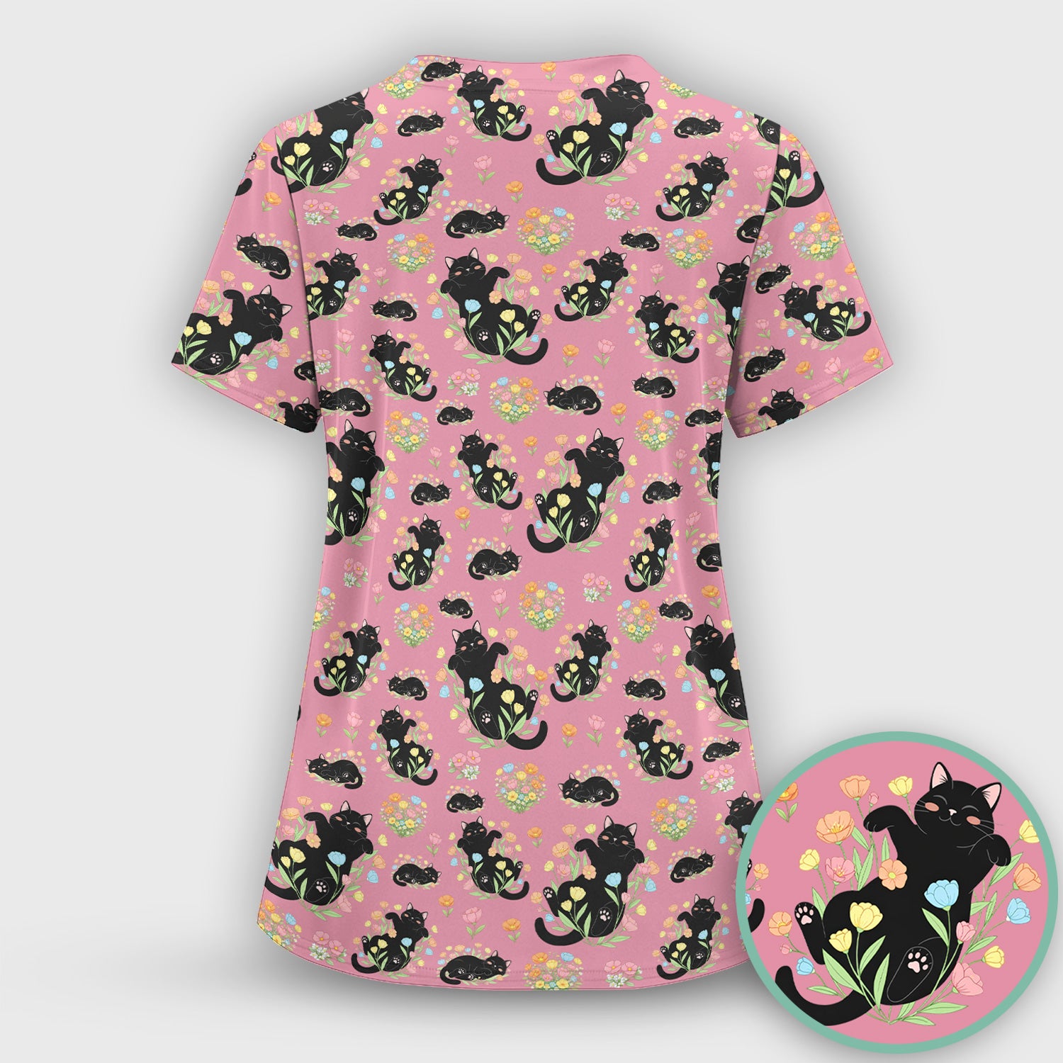 Cats With Cute Poses Floral Pattern Scrubs Top, Comfortable Scrubs for Nurses