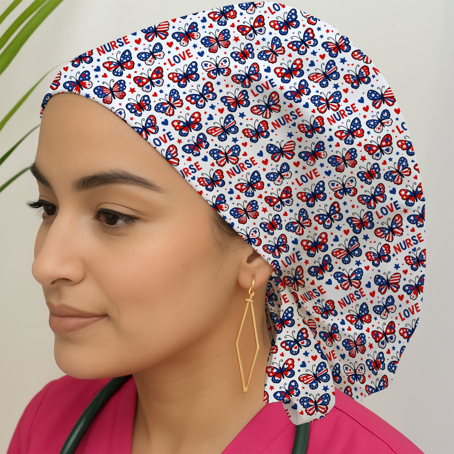 USA Patriotic Butterfly Nurse Scrub Cap, Comfortable Uniform Scrubs For Nursing