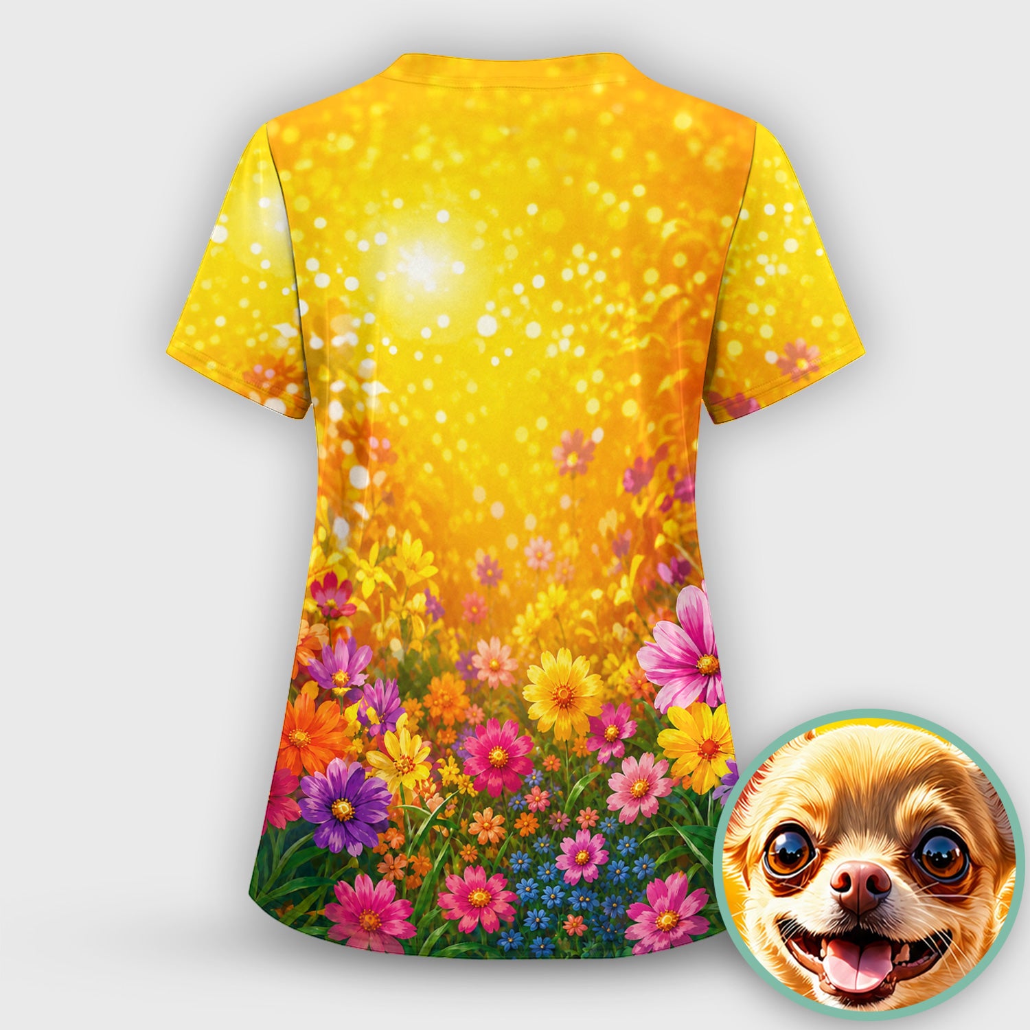 Cute Chihuahua Flower Meadow Pattern Scrub Top, Comfortable Scrubs for Nurses