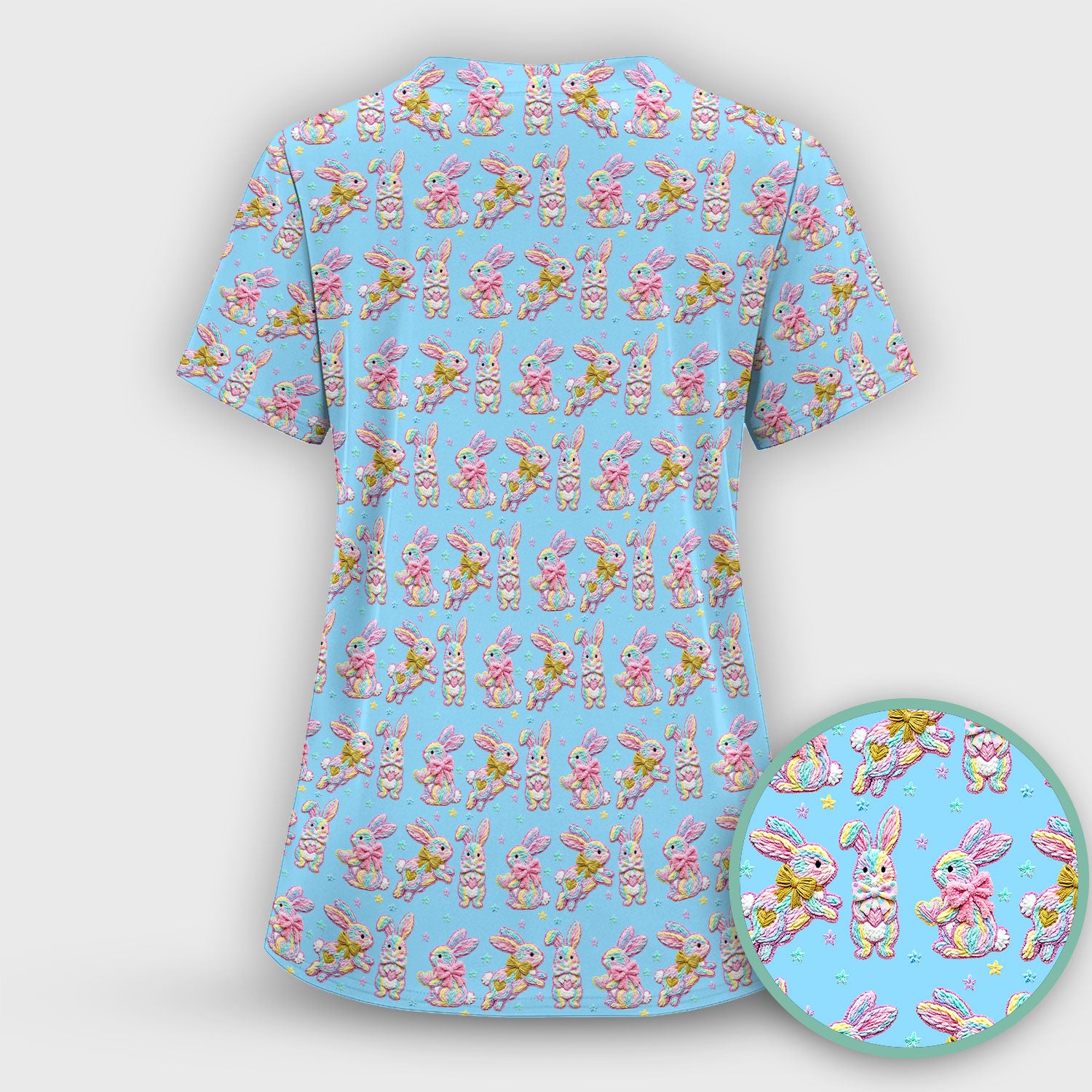 Cartoon Bunny All Over Print Scrub Top, Comfortable Scrubs for Nurses, Easter