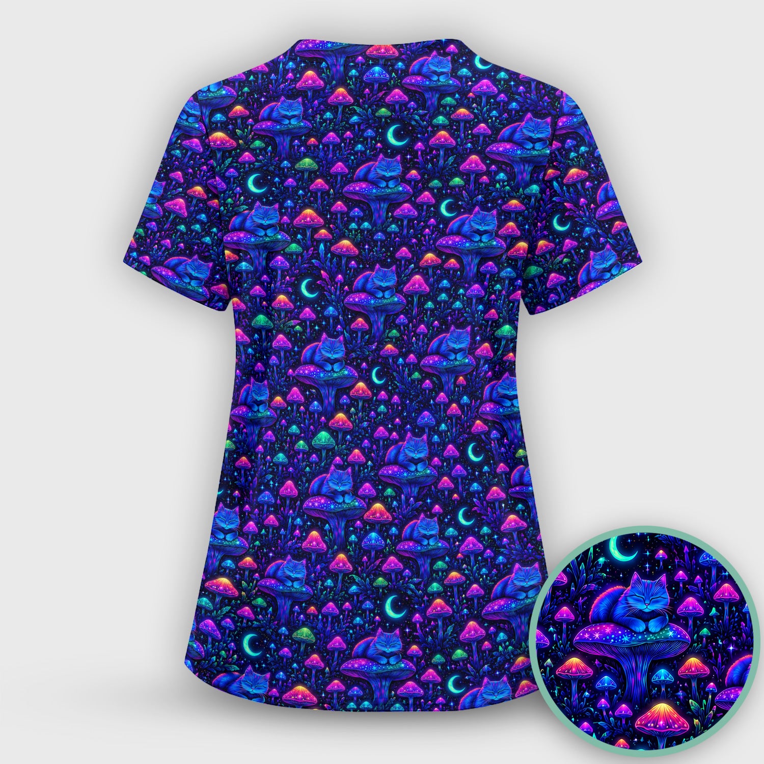 Neon Mushroom Cat Galaxy Scrub Top, Psychedelic Night Forest Nursing Uniform