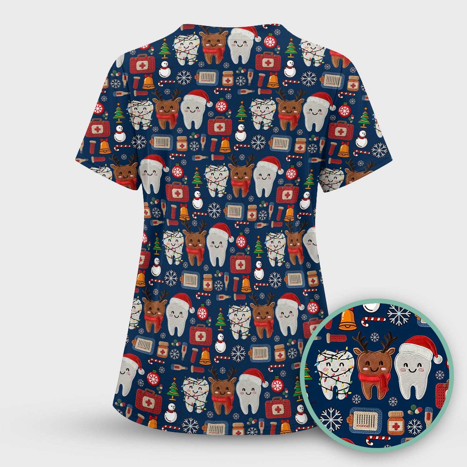 Christmas Dental Scrub Top - Cute Santa & Reindeer Tooth Shirt - Funny Holiday Medical Uniform for Dentists, Hygienists & Nurses