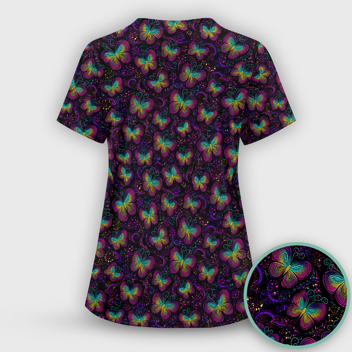 Cute Neon Butterfly Swirl Pattern Scrub Top, Comfortable Scrubs for Nurses