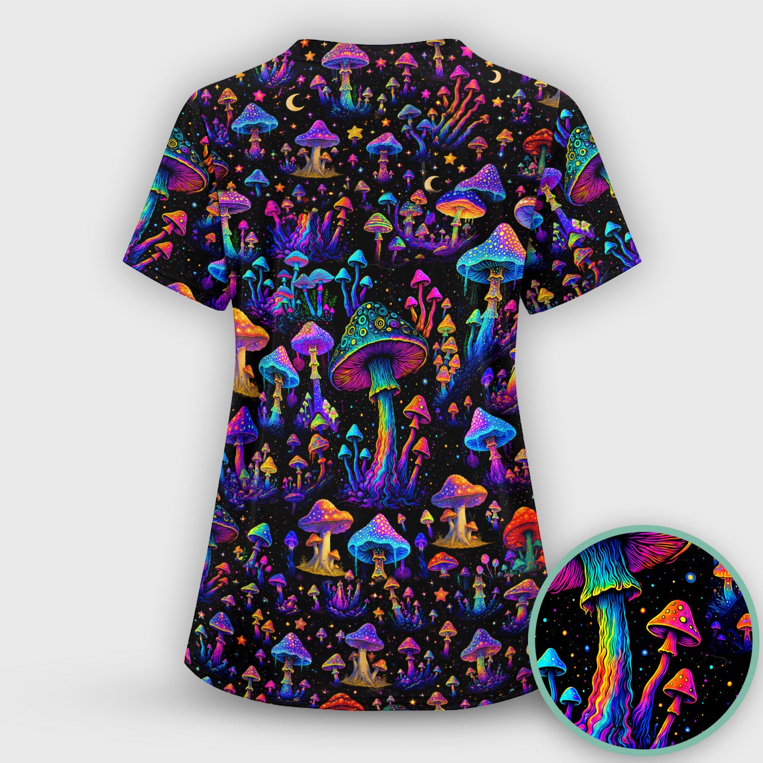 Neon Fantasy Mushroom Print Scrub Top, Comfortable Scrubs for Nurses