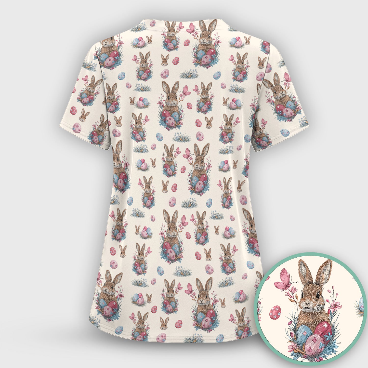 Pastel Easter Bunny Nest Pattern Scrub Top, Comfortable Scrubs for Nurses