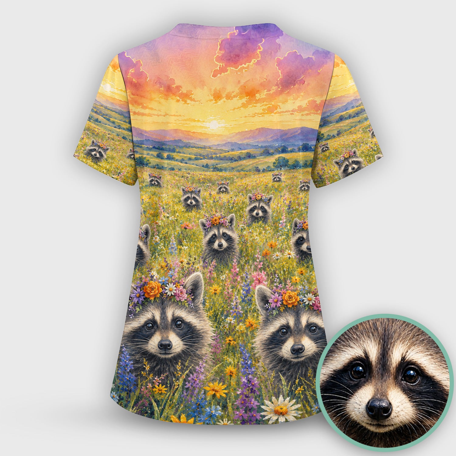 Floral Raccoon Meadow Veterinary Nurse Pattern Scrub Top, Comfortable Scrubs for Nurses